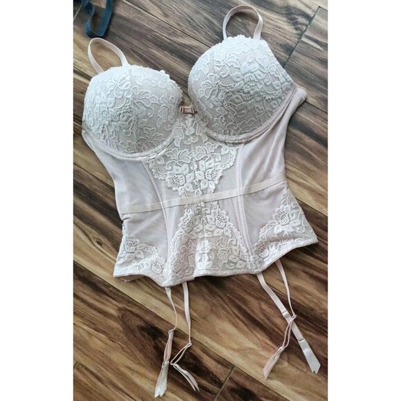 Frederick's of Hollywood Longline Corset Size 1X Jessica Beige Lace Push Up - Picture 1 of 8